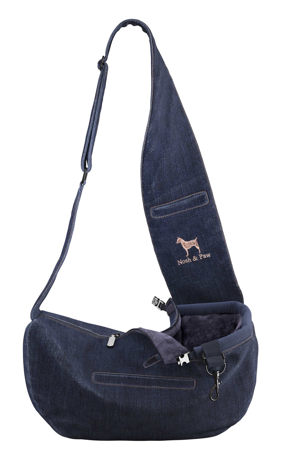 Denim dog sling carrier with zipper, Noah & Paw