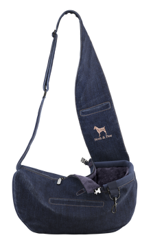Noah & Paw 3x safety zipper dog sling carrier in denim, dark blue, size XS