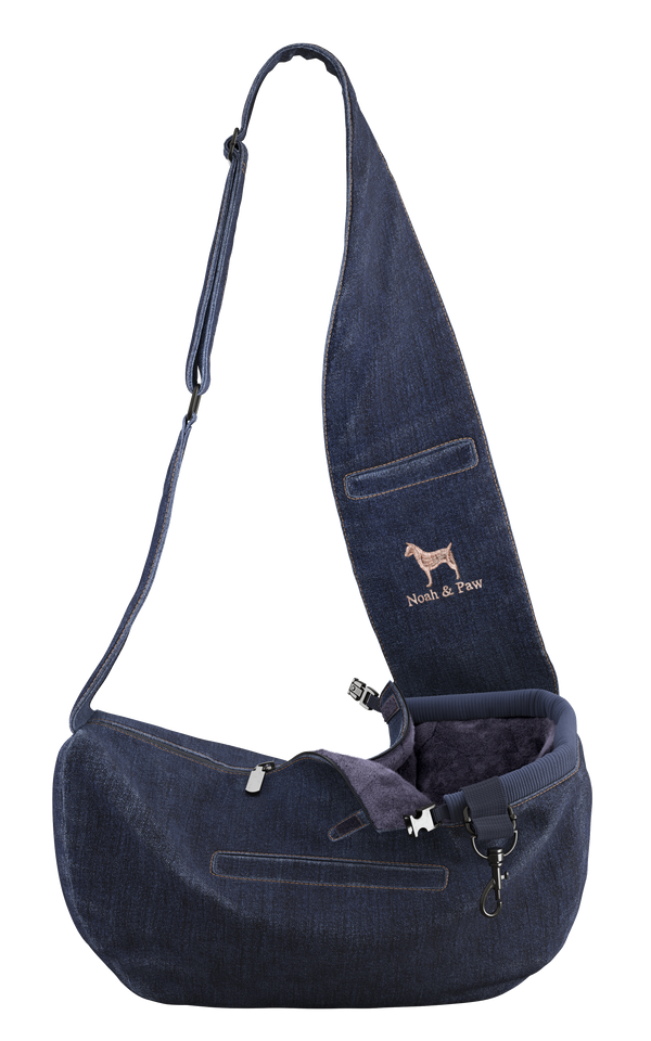 Denim Dog Sling Carrier with Zipper and Safety Belt, Dark Blue
