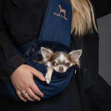 Noah & Paw 3x safety zipper dog sling carrier in denim, dark blue, size XS