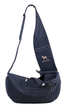 Noah & Paw 3x safety zipper dog sling carrier in denim, dark blue, size XS, fabric lined