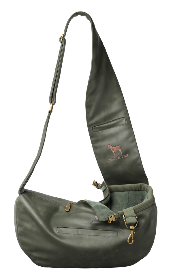 Faux Leather Dog Sling with Zipper and Head Strap Clip, Dark Green