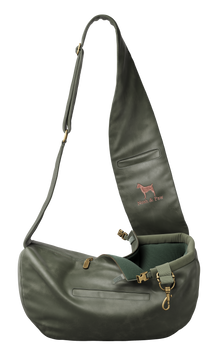 Noah & Paw 3x safety zipper dog sling carrier in vegan leather, dark green, size XS, fabric lined