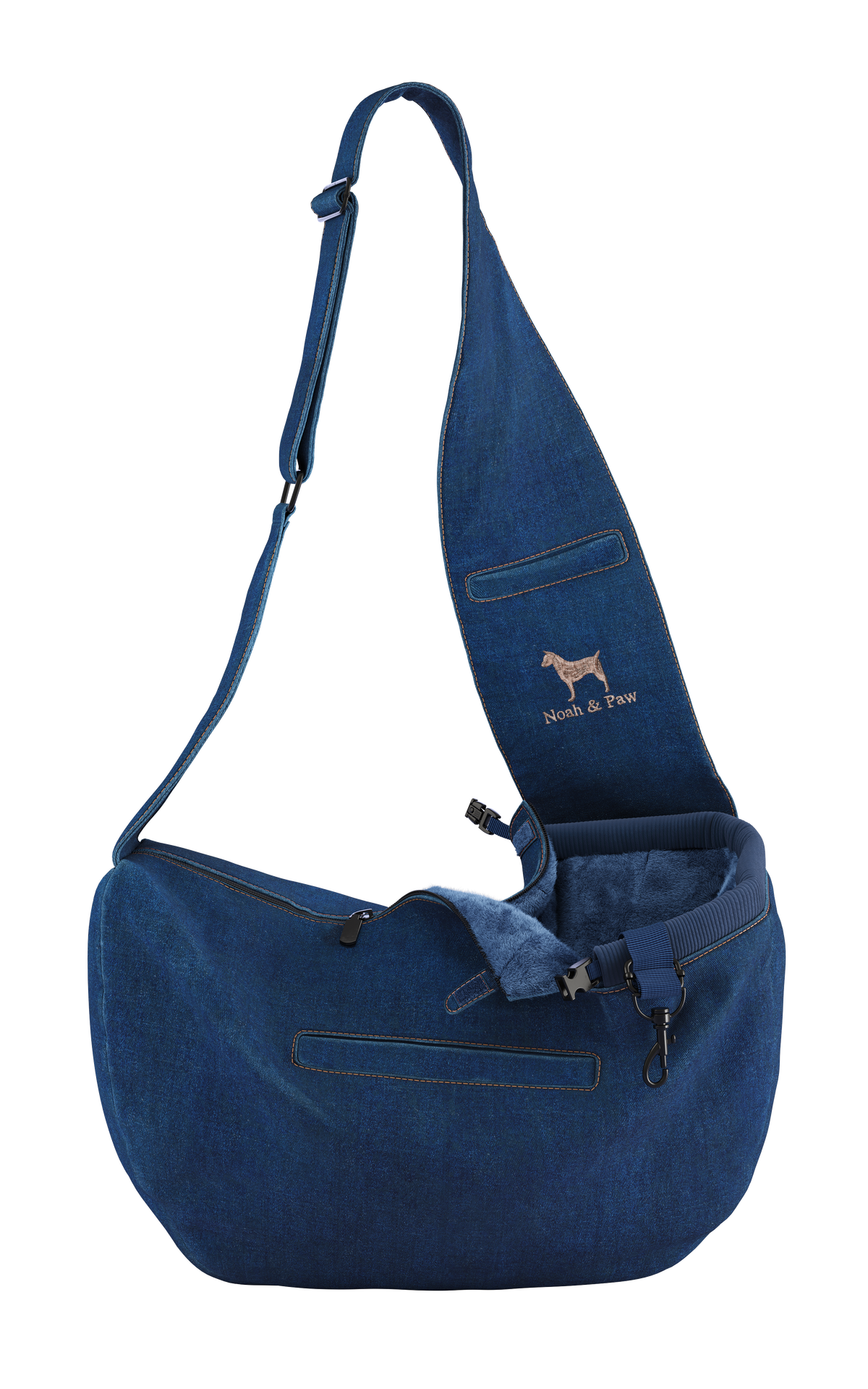 Denim dog sling carrier with zipper, Noah & Paw