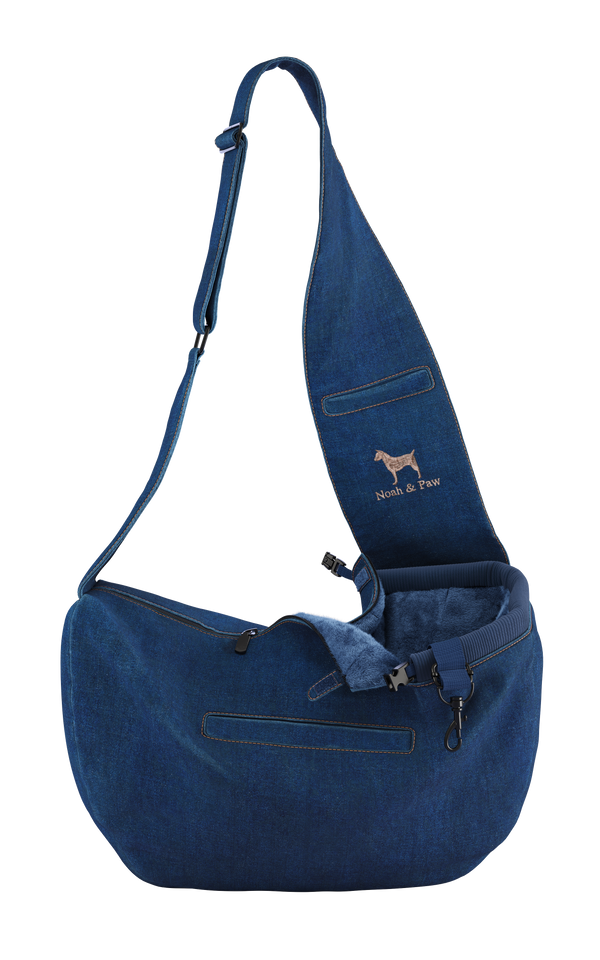 Denim Dog Sling Carrier with Zipper and Safety Belt, Light Blue