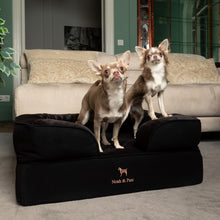 Noah & Paw orthopedic sofa dog bed in denim with memory foam and cooling gel, black, size M (28 x 23 x 11 in)