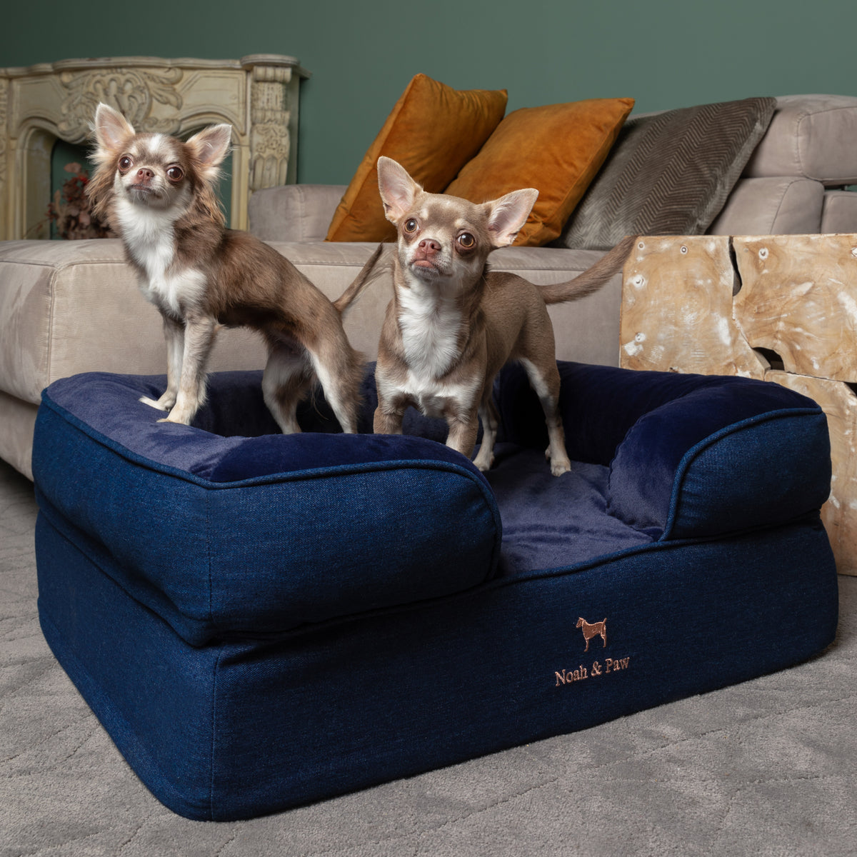 Noah & Paw orthopedic sofa dog bed in denim with memory foam and cooling gel, dark blue, size M (28 x 23 x 11 in)