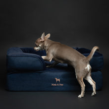 Noah & Paw orthopedic sofa dog bed in denim with memory foam and cooling gel, dark blue, size M (28 x 23 x 11 in)