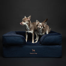 Noah & Paw orthopedic sofa dog bed in denim with memory foam and cooling gel, dark blue, size M (28 x 23 x 11 in)