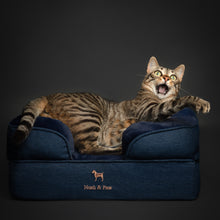 Noah & Paw orthopedic sofa dog bed in denim with memory foam and cooling gel, dark blue, size S (20 x 15 x 8 in)