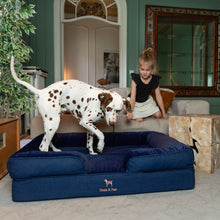 Noah & Paw orthopedic sofa dog bed in denim with memory foam and cooling gel, dark blue, size XL (45 x 35 x 11 in)