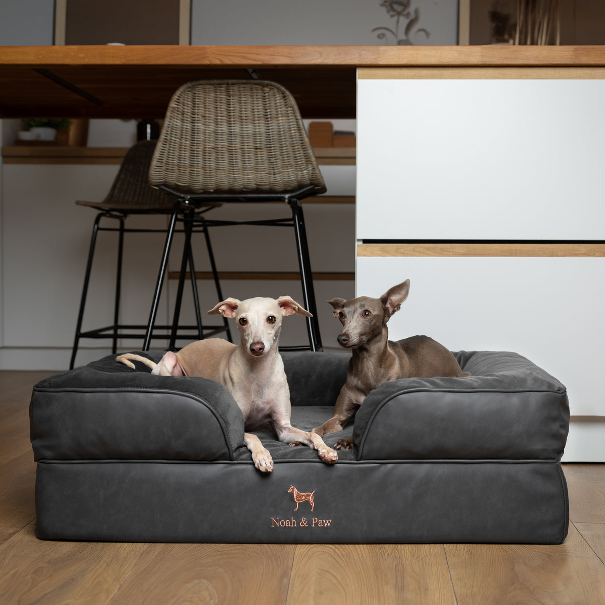 Noah & Paw orthopedic sofa dog bed in faux leather with memory foam and cooling gel, black, size L (35 x 25 x 11 in)