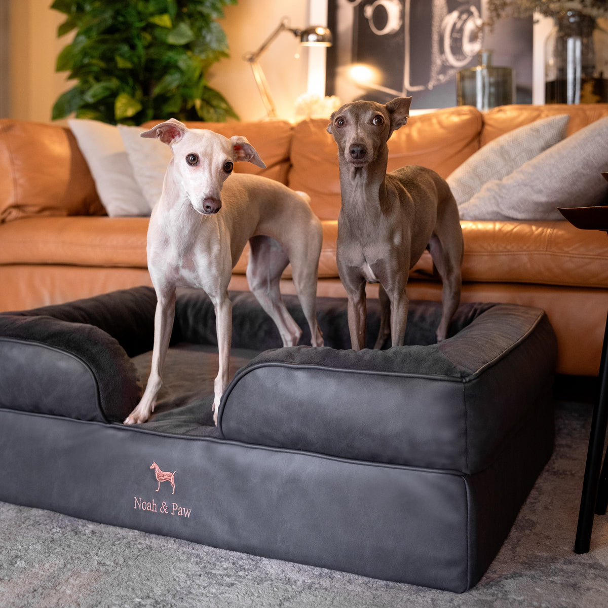 Noah & Paw orthopedic sofa dog bed in faux leather with memory foam and cooling gel, black, size L (35 x 25 x 11 in)