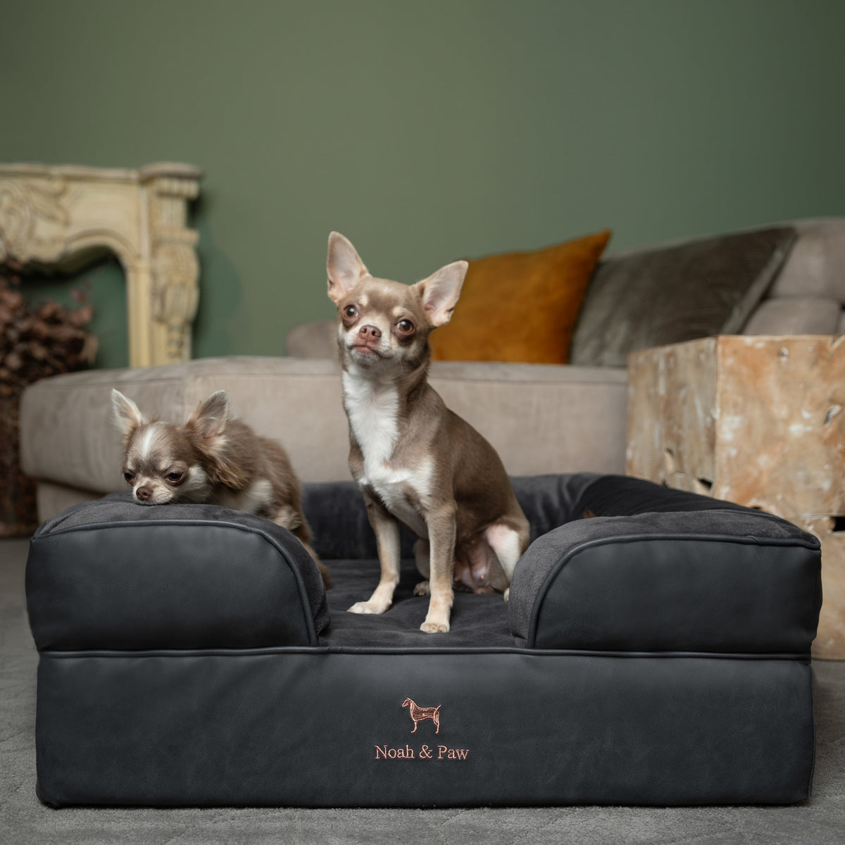Noah & Paw orthopedic sofa dog bed in faux leather with memory foam and cooling gel, black, size M (28 x 23 x 11 in)