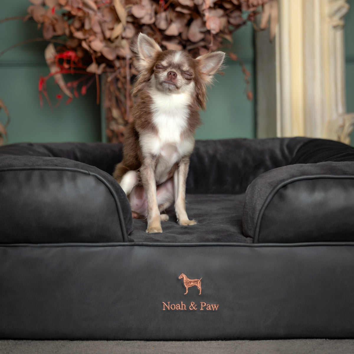 Noah & Paw orthopedic sofa dog bed in faux leather with memory foam and cooling gel, black, size M (28 x 23 x 11 in)