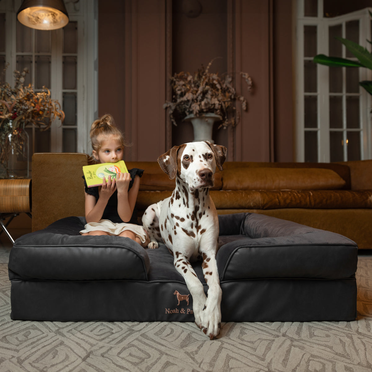 Noah & Paw orthopedic sofa dog bed in faux leather with memory foam and cooling gel, black, size XL (45 x 35 x 11 in)
