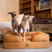 Noah & Paw orthopedic sofa dog bed in faux leather with memory foam and cooling gel, camel, size L (35 x 25 x 11 in)