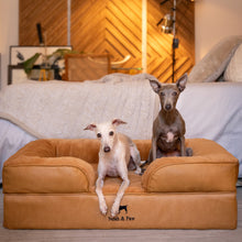 Noah & Paw orthopedic sofa dog bed in faux leather with memory foam and cooling gel, camel, size L (35 x 25 x 11 in)