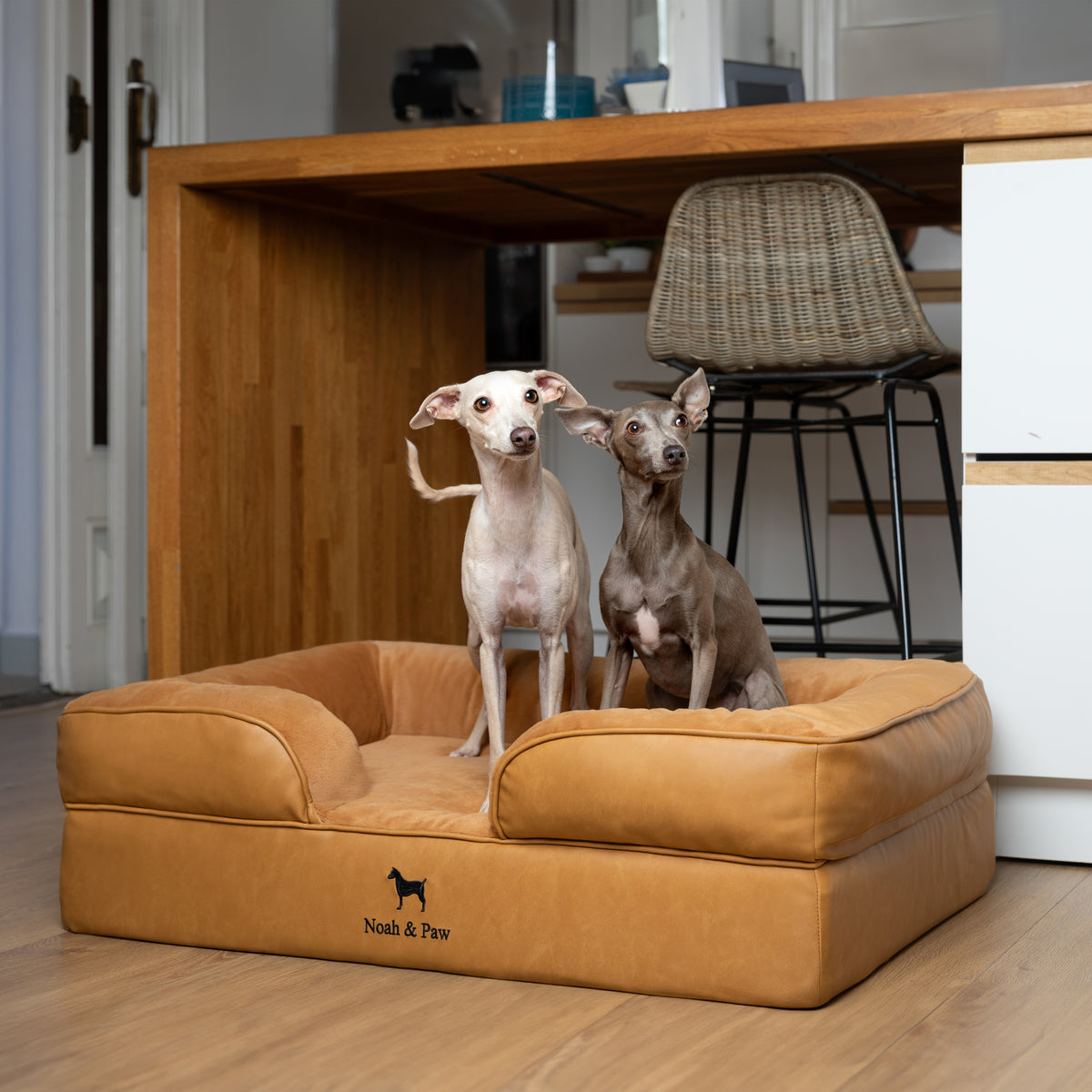 Noah & Paw orthopedic sofa dog bed in faux leather with memory foam and cooling gel, camel, size L (35 x 25 x 11 in)