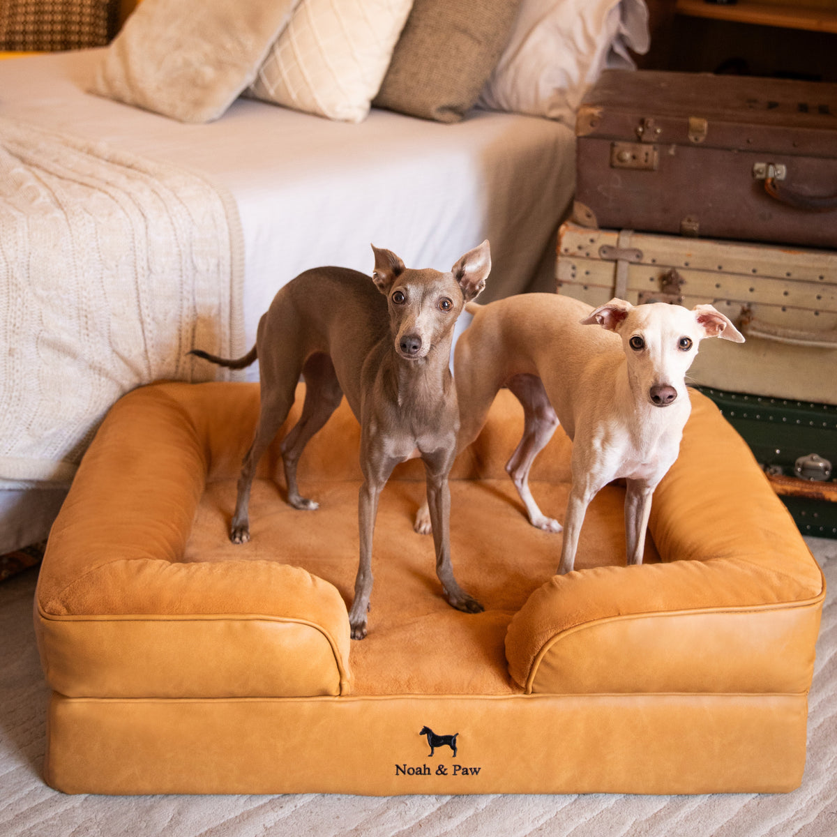 Noah & Paw orthopedic sofa dog bed in faux leather with memory foam and cooling gel, camel, size L (35 x 25 x 11 in)