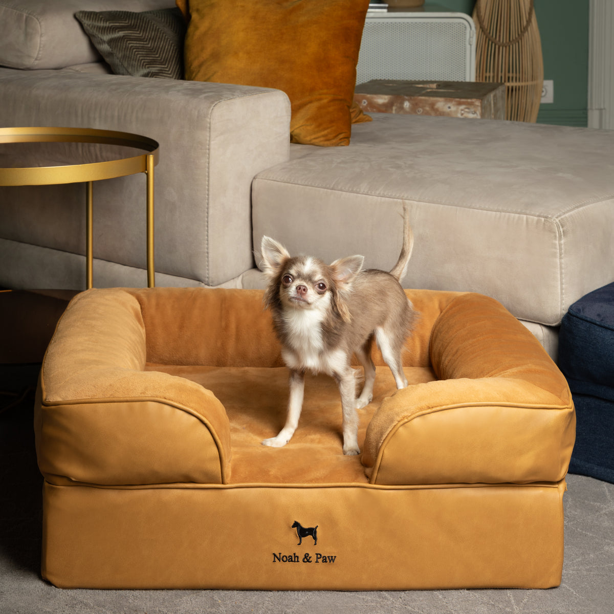 Noah & Paw orthopedic sofa dog bed in faux leather with memory foam and cooling gel, camel, size M (28 x 23 x 11 in)
