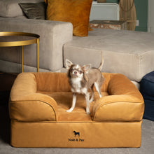 Noah & Paw orthopedic sofa dog bed in faux leather with memory foam and cooling gel, camel, size M (28 x 23 x 11 in)