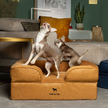 Noah & Paw orthopedic sofa dog bed in faux leather with memory foam and cooling gel, camel, size M (28 x 23 x 11 in)