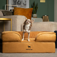 Noah & Paw orthopedic sofa dog bed in faux leather with memory foam and cooling gel, camel, size M (28 x 23 x 11 in)