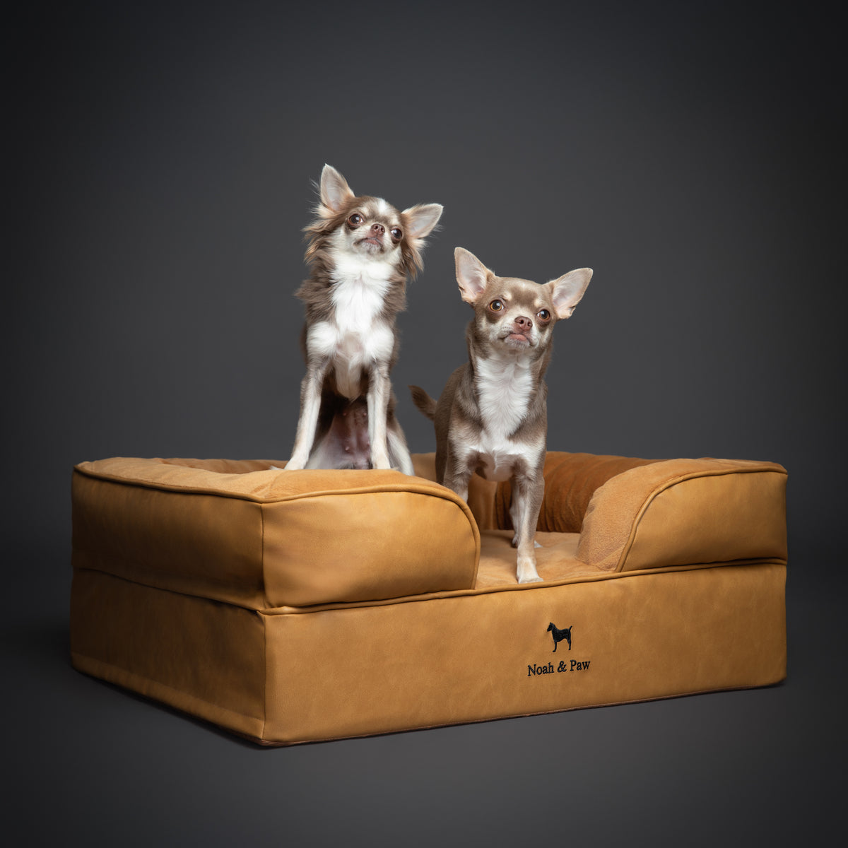 Noah & Paw orthopedic sofa dog bed in faux leather with memory foam and cooling gel, camel, size M (28 x 23 x 11 in)