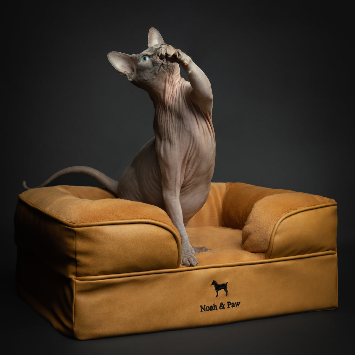 Noah & Paw orthopedic sofa dog bed in faux leather with memory foam and cooling gel, camel, size S (20 x 15 x 8 in)