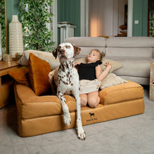 Noah & Paw orthopedic sofa dog bed in faux leather with memory foam and cooling gel, camel, size XL (45 x 35 x 11 in)