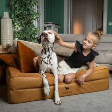 Noah & Paw orthopedic sofa dog bed in faux leather with memory foam and cooling gel, camel, size XL (45 x 35 x 11 in)