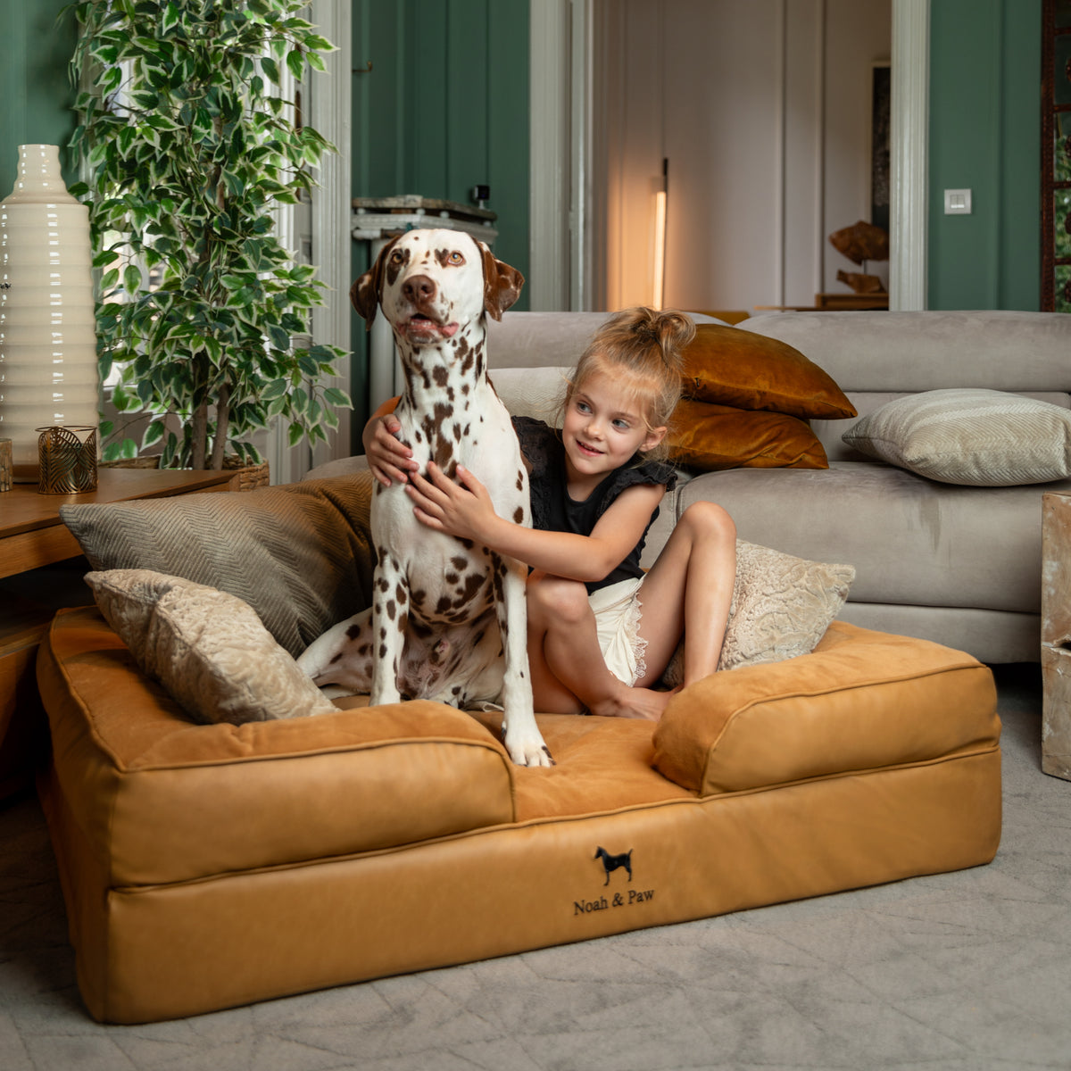 Noah & Paw orthopedic sofa dog bed in faux leather with memory foam and cooling gel, camel, size XL (45 x 35 x 11 in)
