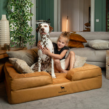 Noah & Paw orthopedic sofa dog bed in faux leather with memory foam and cooling gel, camel, size XL (45 x 35 x 11 in)