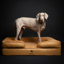 Noah & Paw orthopedic sofa dog bed in faux leather with memory foam and cooling gel, camel, size XL (45 x 35 x 11 in)