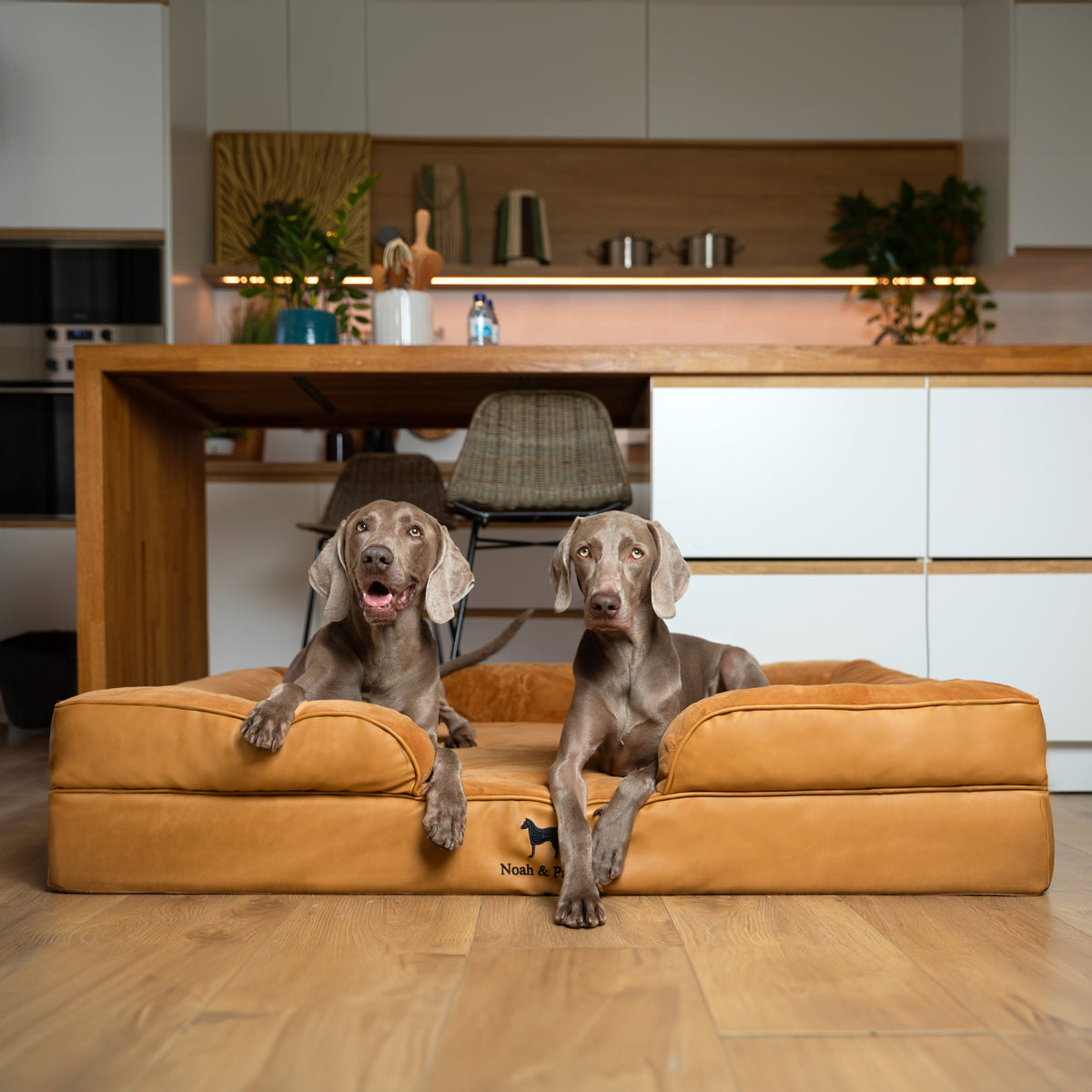 Noah & Paw orthopedic sofa dog bed in faux leather with memory foam and cooling gel, camel, size XL (45 x 35 x 11 in)