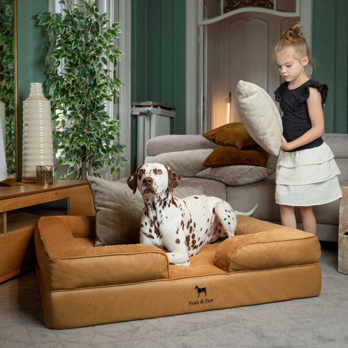 Noah & Paw orthopedic sofa dog bed in faux leather with memory foam and cooling gel, camel, size XL (45 x 35 x 11 in)