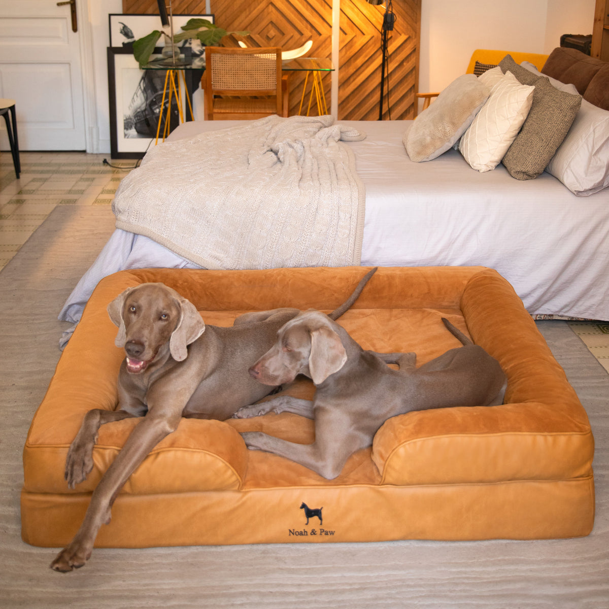 Noah & Paw orthopedic sofa dog bed in faux leather with memory foam and cooling gel, camel, size XXL (55 x 45 x 11 in)