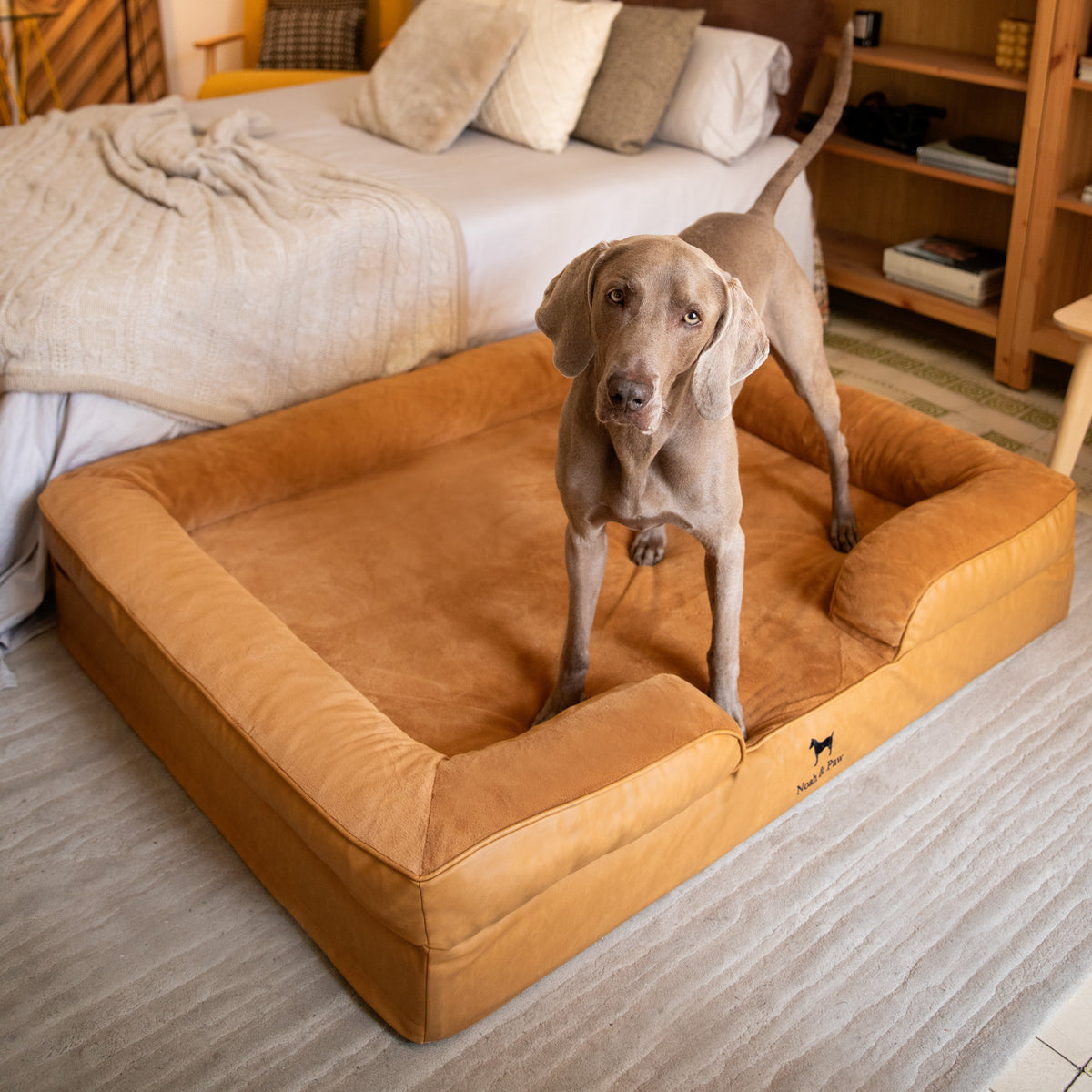 Noah & Paw orthopedic sofa dog bed in faux leather with memory foam and cooling gel, camel, size XXL (55 x 45 x 11 in)