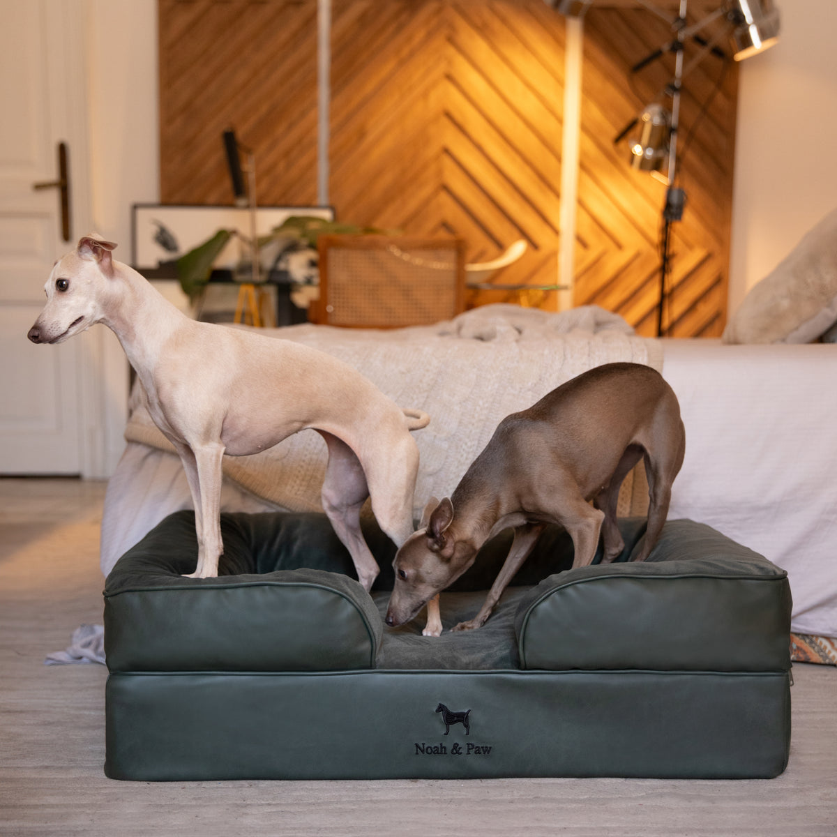 Noah & Paw orthopedic sofa dog bed in faux leather with memory foam and cooling gel, dark green, size L (35 x 25 x 11 in)