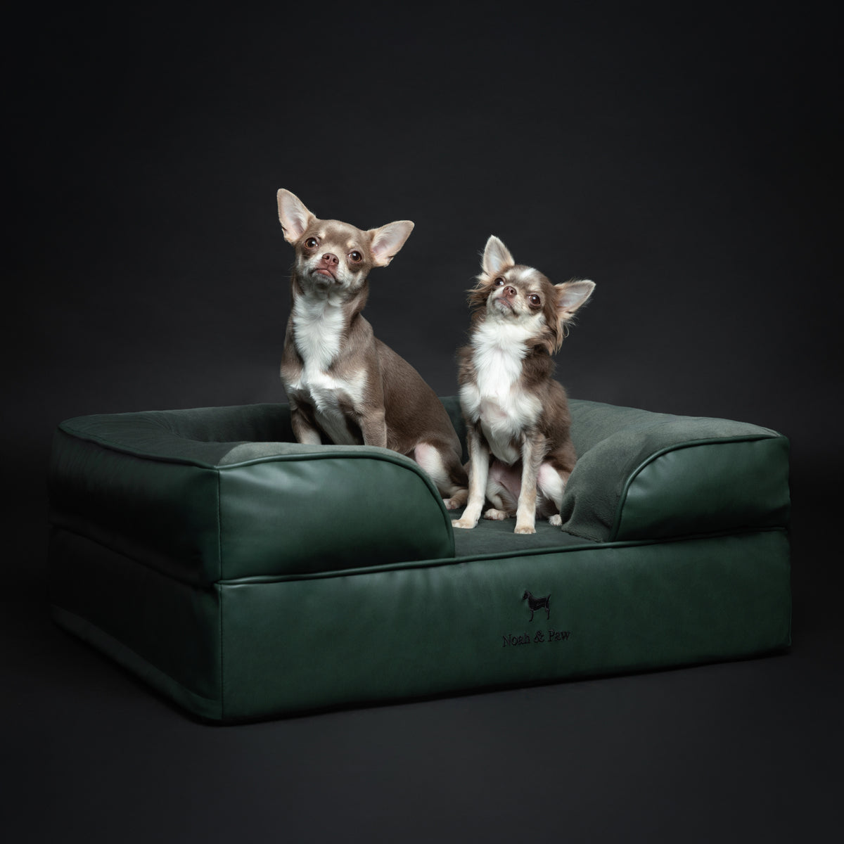 Noah & Paw orthopedic sofa dog bed in faux leather with memory foam and cooling gel, dark green, size M (28 x 23 x 11 in)