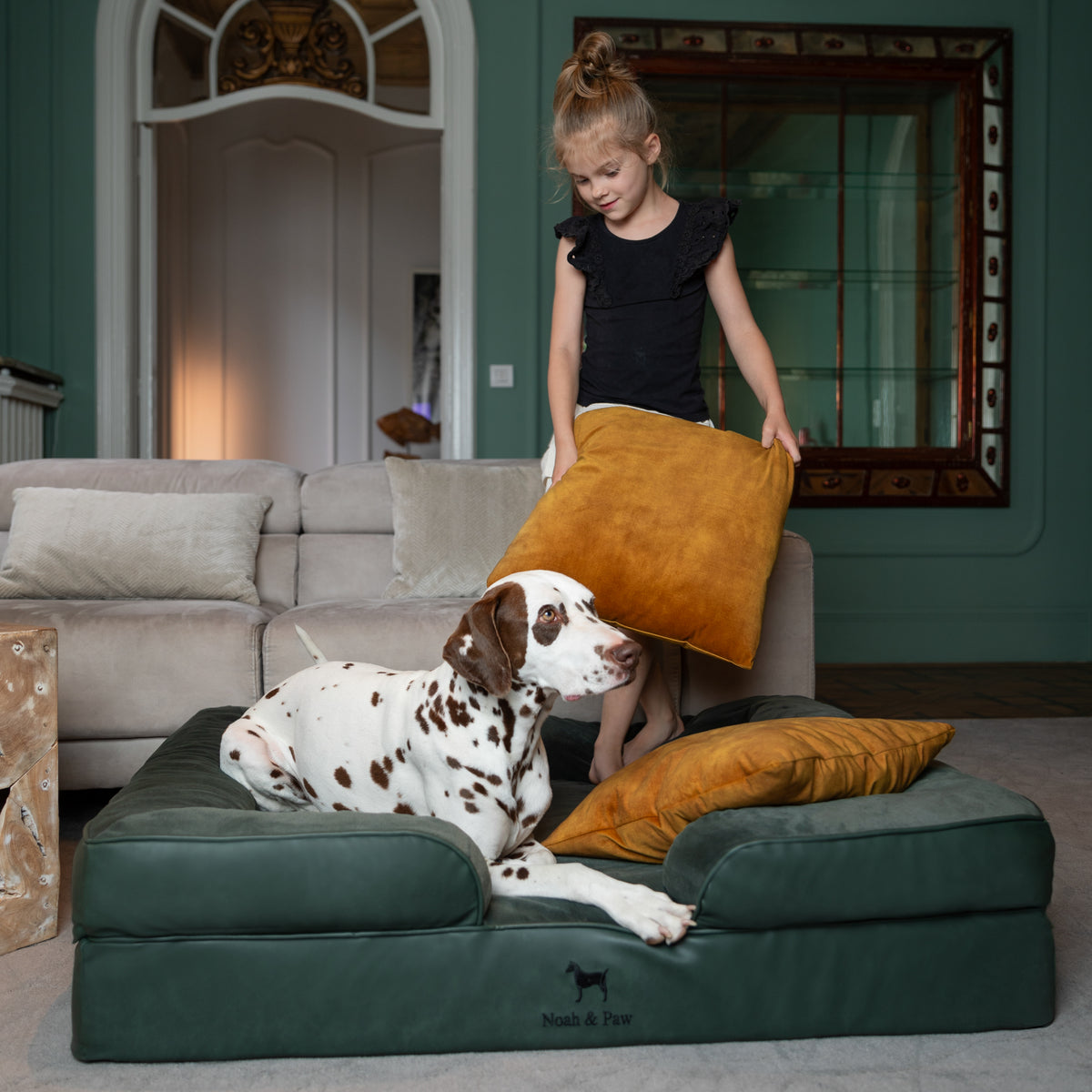 Noah & Paw orthopedic sofa dog bed in faux leather with memory foam and cooling gel, dark green, size XL (45 x 35 x 11 in)