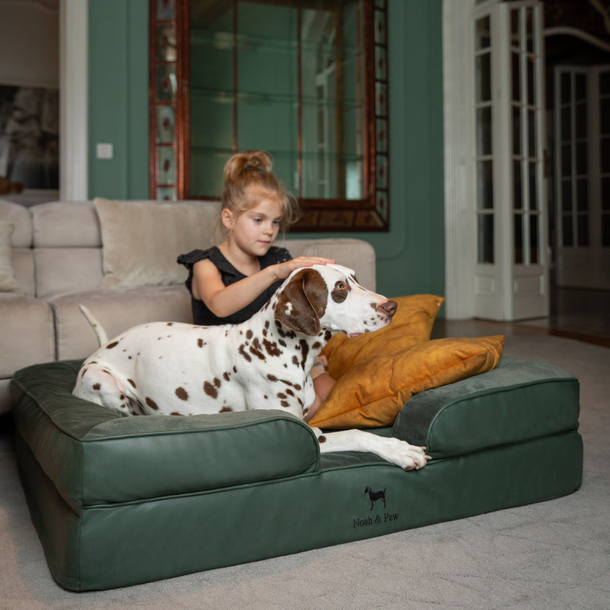 Noah & Paw orthopedic sofa dog bed in faux leather with memory foam and cooling gel, dark green, size XL (45 x 35 x 11 in)