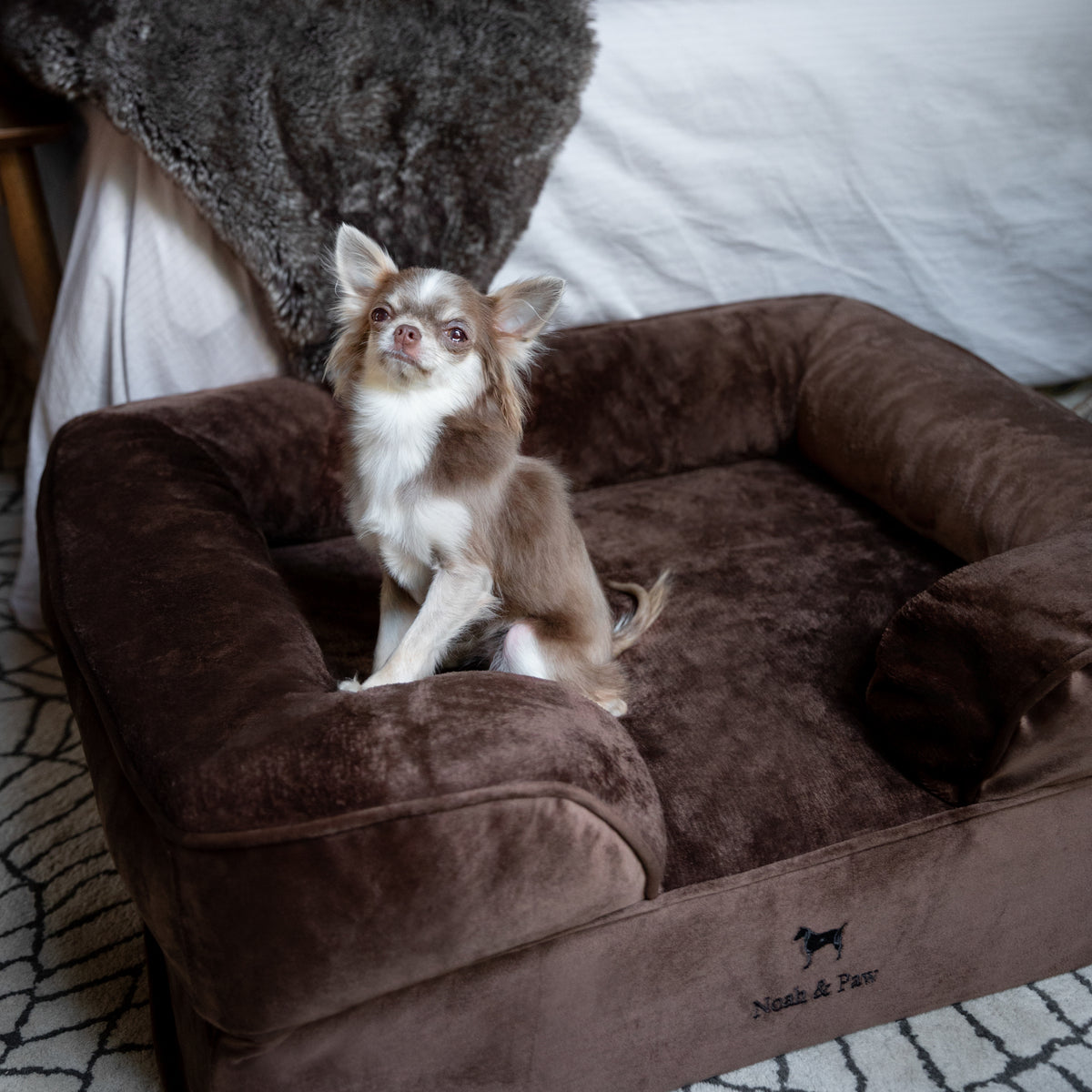 Noah & Paw orthopedic sofa dog bed in velvet with memory foam and cooling gel, brown, size M (28 x 23 x 11 in)