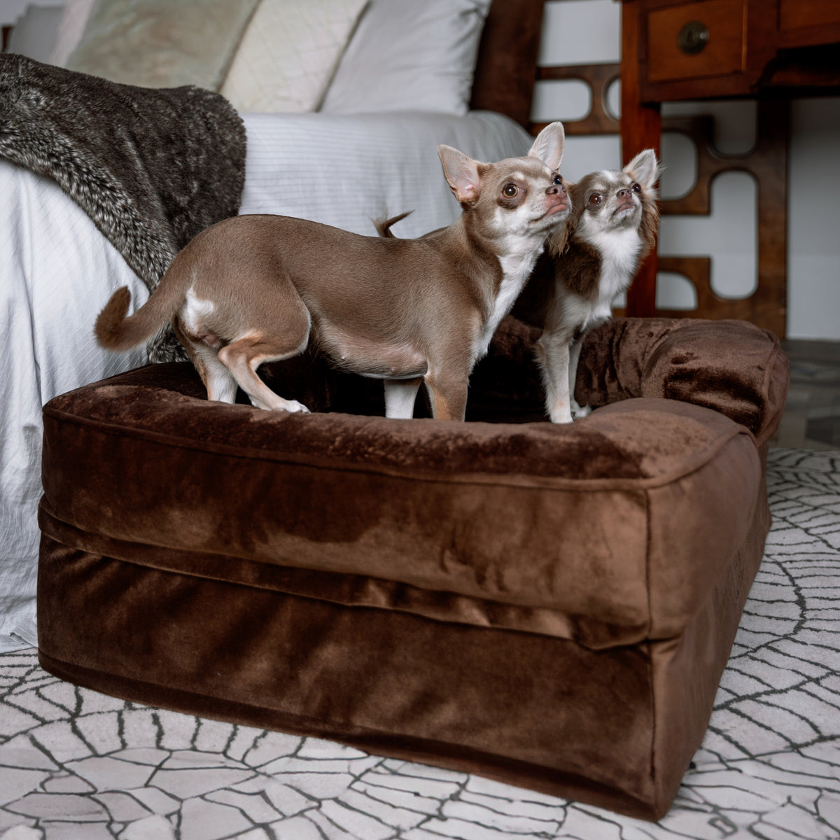 Noah & Paw orthopedic sofa dog bed in velvet with memory foam and cooling gel, brown, size M (28 x 23 x 11 in)