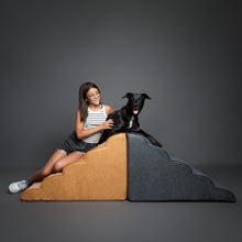 Noah & Paw 27-inch extra wide dog ramp stairs in faux leather, camel, 5 steps