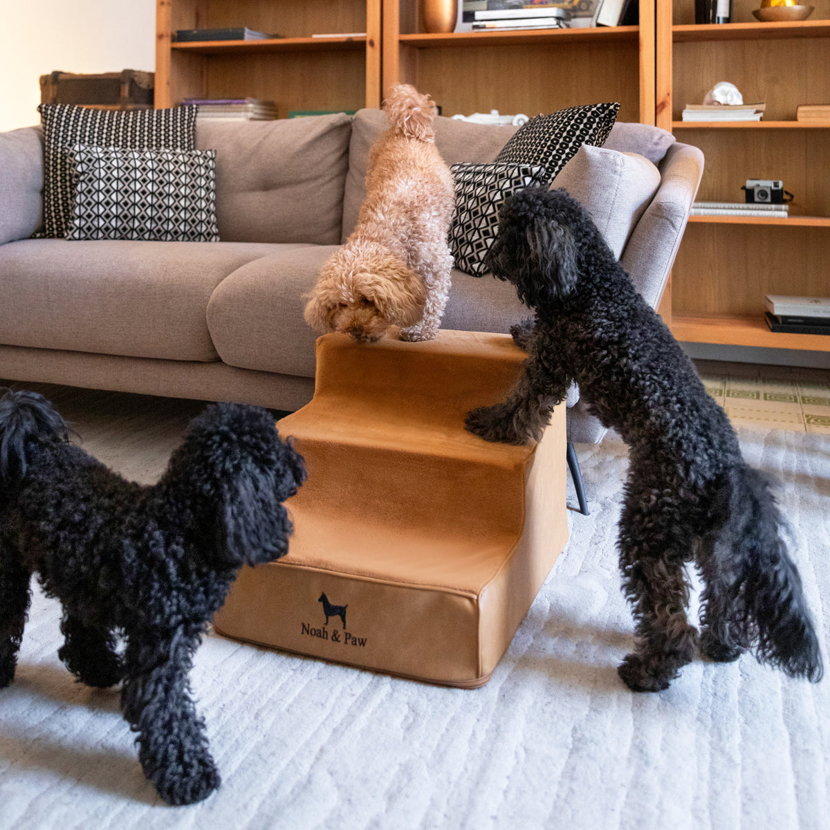 Noah & Paw luxury dog stairs for bed in faux leather, camel, 3 steps