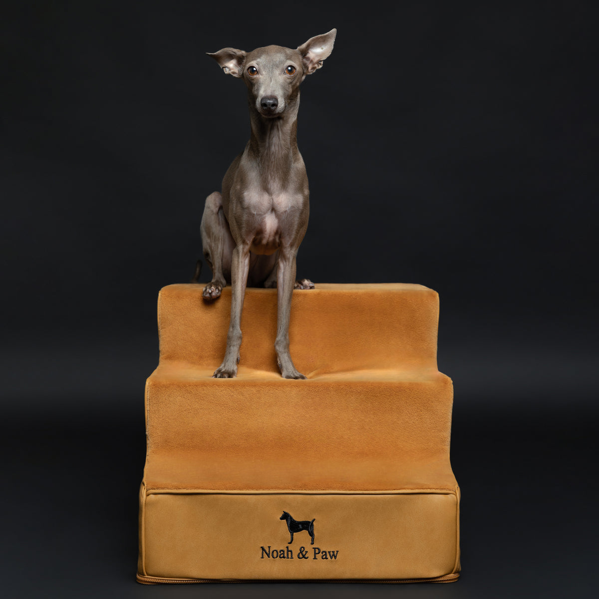 Noah & Paw luxury dog stairs for bed in faux leather, camel, 3 steps