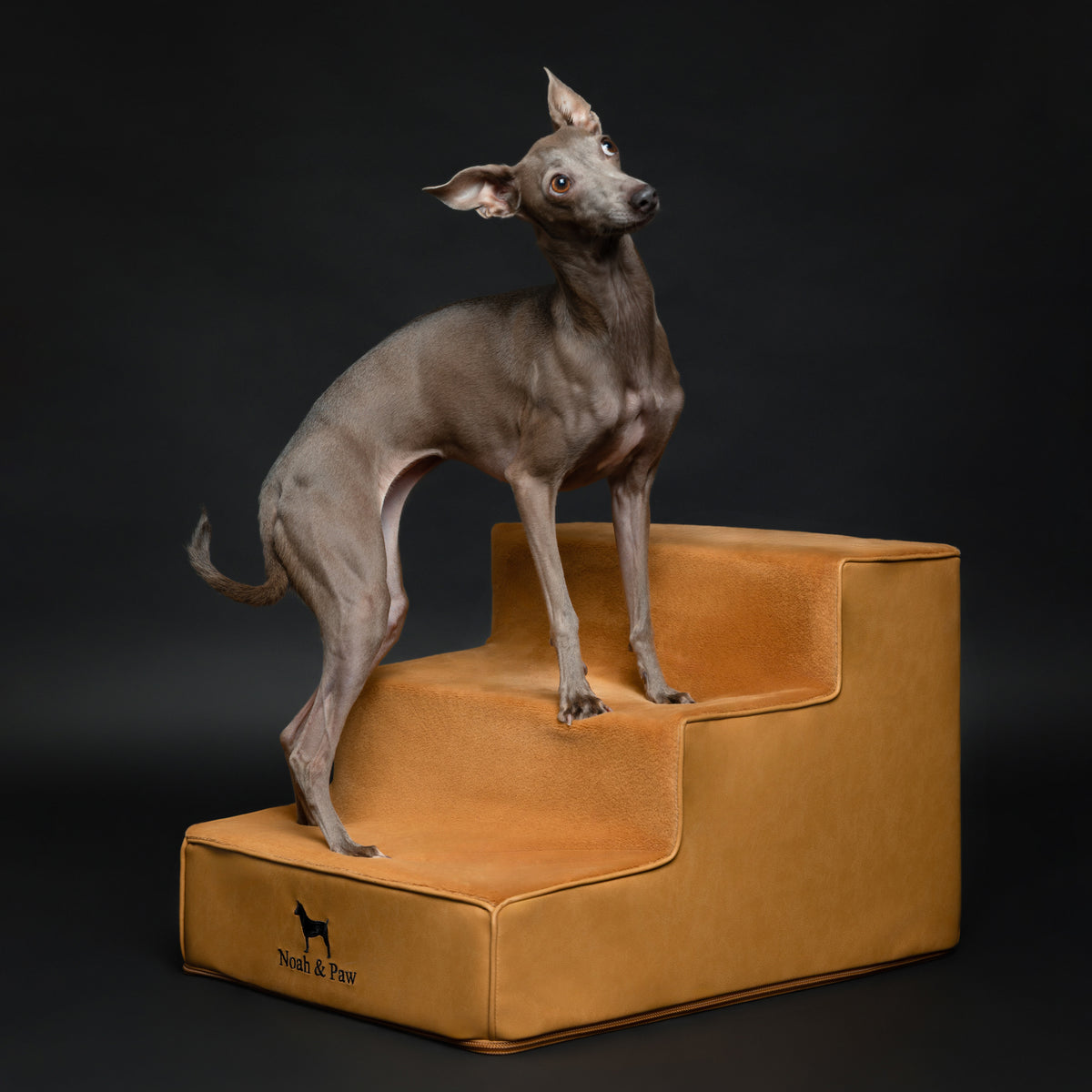 Noah & Paw luxury dog stairs for bed in faux leather, camel, 3 steps