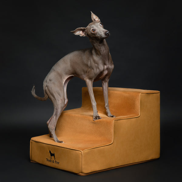 Noah & Paw luxury dog stairs for bed in faux leather, camel, 3 steps